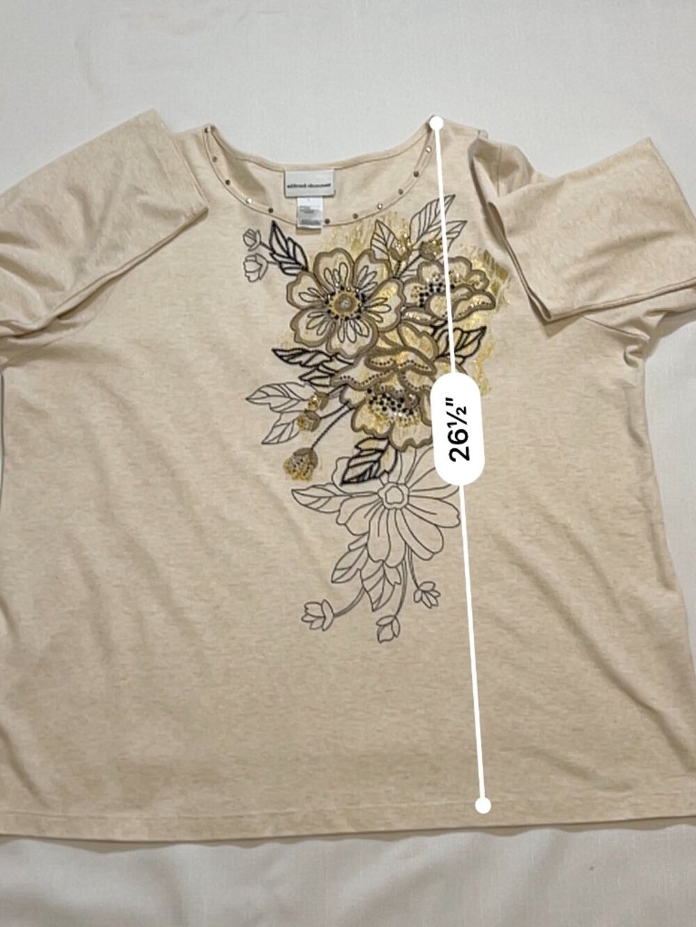 Alfred Dunner Cream Floral Embroidered Rhinestone 3/4 Sleeve Tunic Top XL - Picture 9 of 12